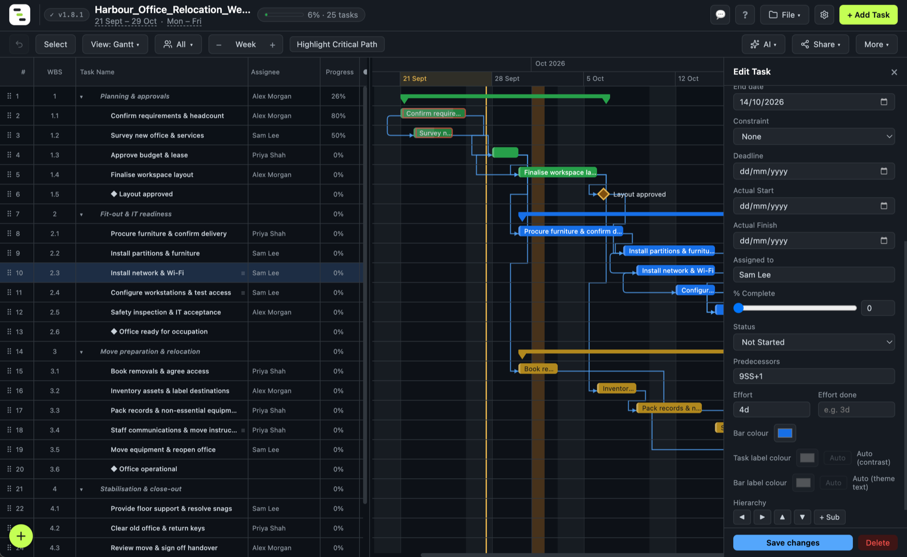 Gantto task edit panel showing a dependency relationship with lag set between two linked tasks.