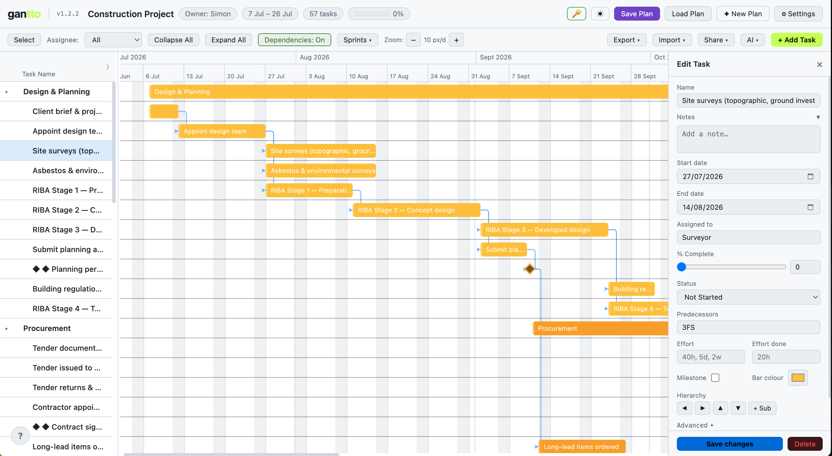 Construction Project template open in Gantto